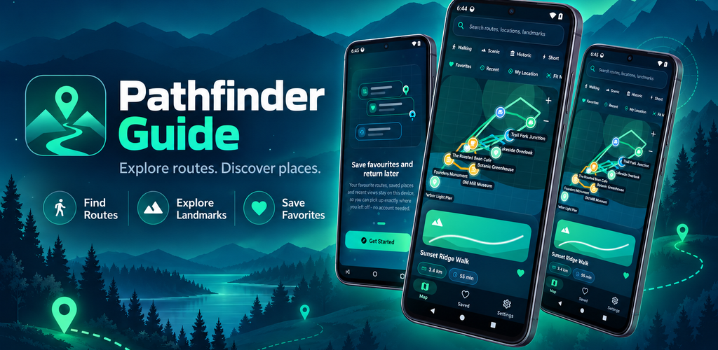 Pathfinder Guide application artwork showing map routes and mobile screens